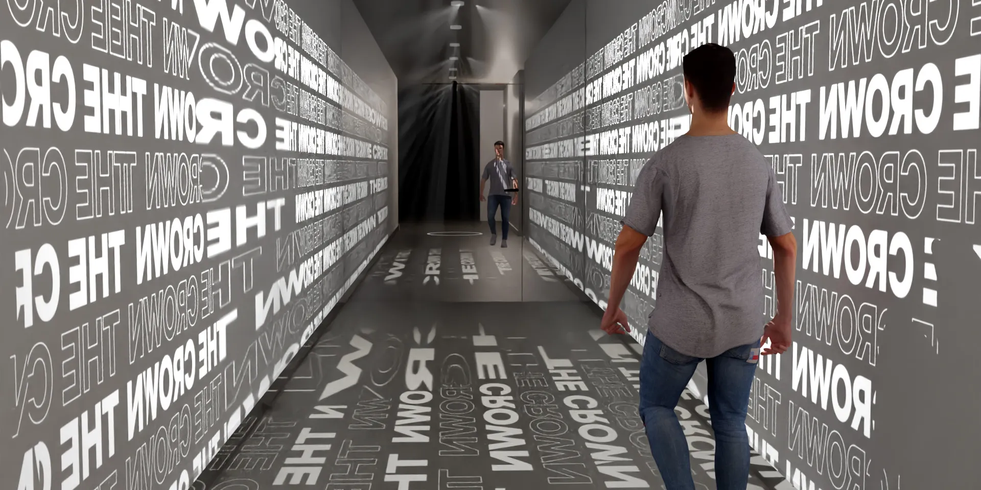 Concept for an interactive hallway installation featuring animated visuals that respond to movement, highlighting Red Paper Heart's playful approach to digital art. One person walks along the hallway walls, displaying animated black and white typography of movie titles which are selected based on the person clothes.