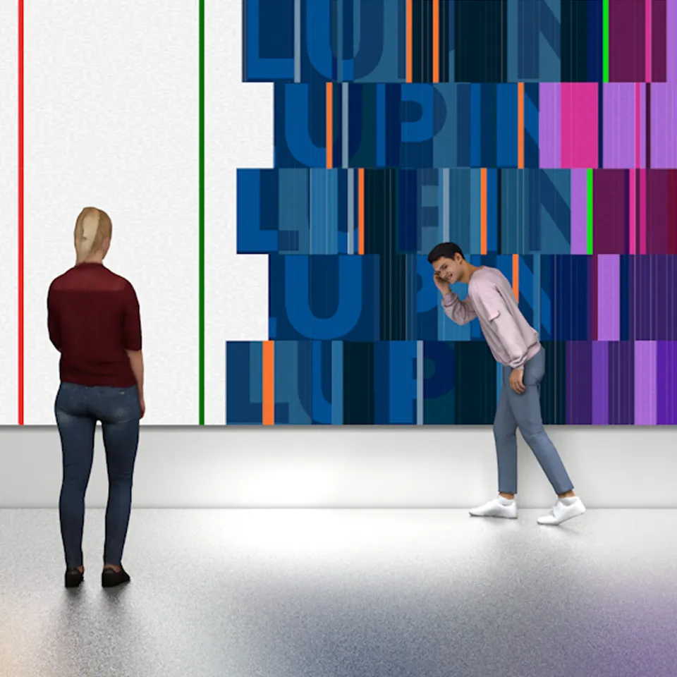 Conceptual design for an interactive wall installation that shows dynamic, colorful typographic animations.