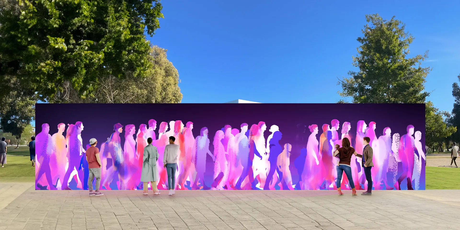 A conceptual render of a very long LED display alongside a pathway in an outdoor park. The LED display shows a colorful, abstract animation of people walking.