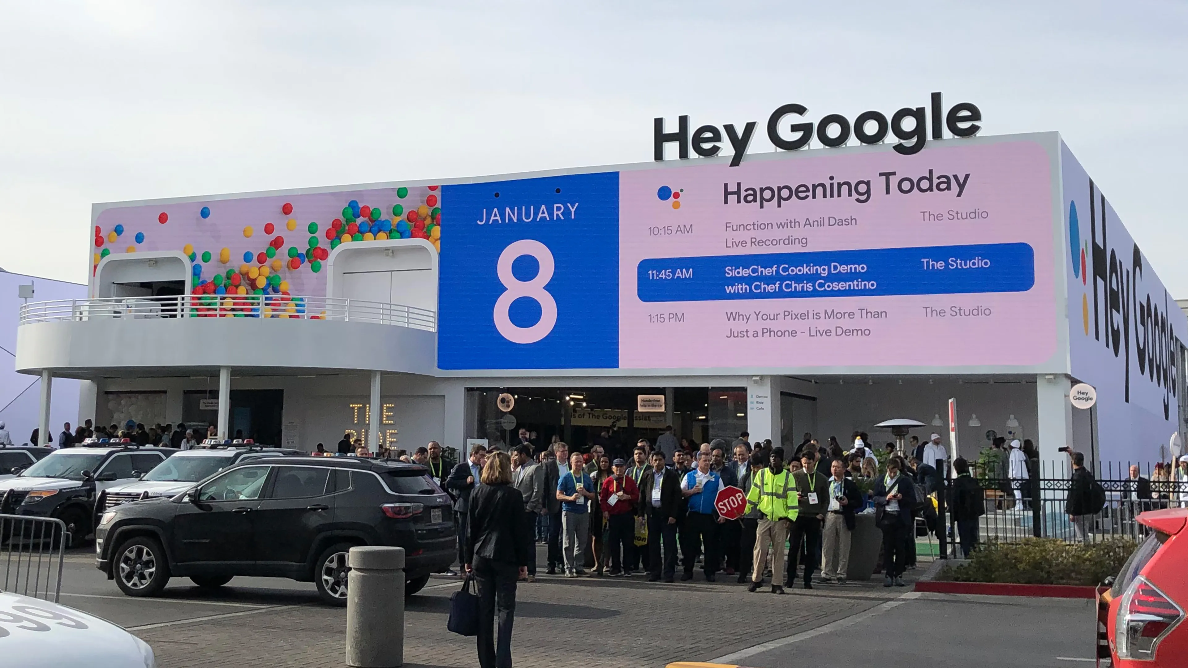 A schedule was live updated vie a Google Sheet and displayed on the big outdoor screen at Google Assistant Playground CES 2019