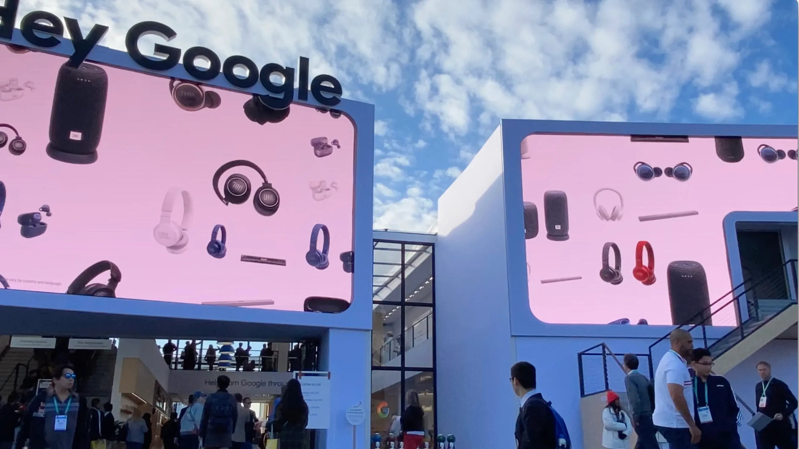 Google Assistant Playground CES 2020 big outdoor screen showing the dynamic Product Grid with Google Assistant products