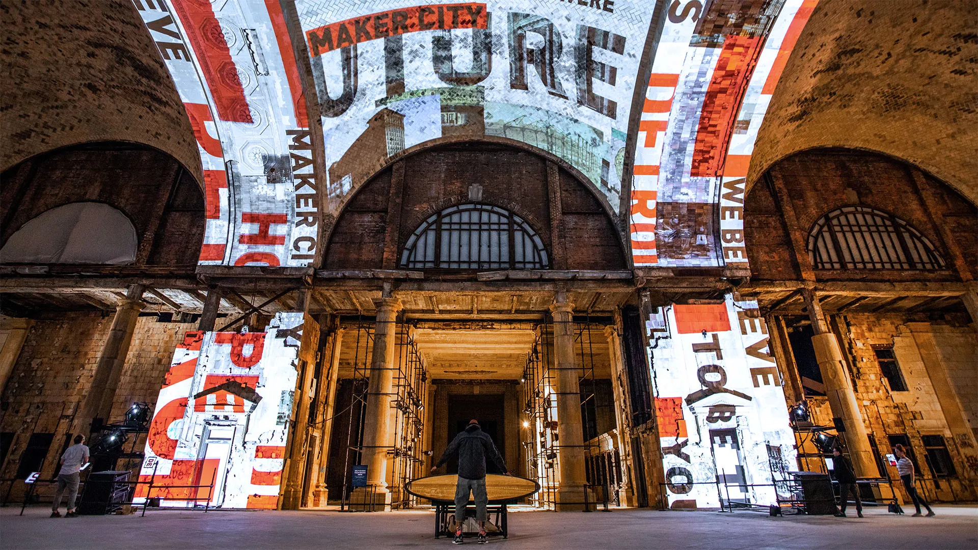 Michigan Central Station renovation with immersive art installation.